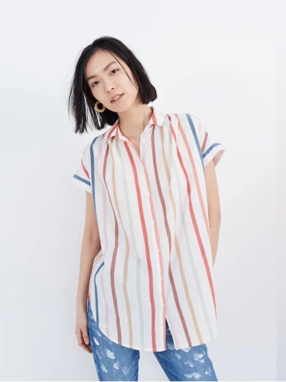 Madewell Gauzed Central Tunic Shirt In Rainbow Stripe